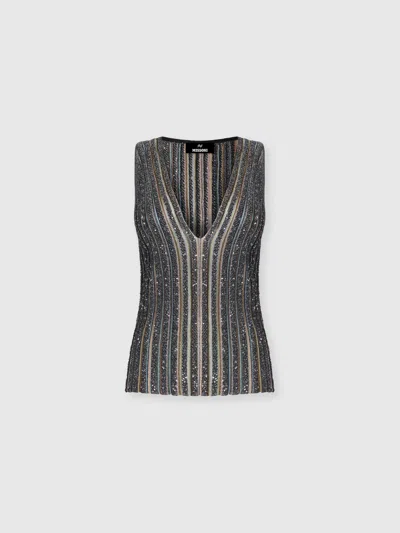 Missoni Ribbed Top With Sequins And V-neck In Black Multicoloured