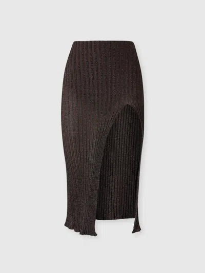 Missoni Ribbed Viscose Lamé Midi Skirt With Slit In Brown