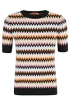 Missoni Short-sleeved Crewneck Pullover In Zigzag Wool In Fz Multicblk Rose Beige