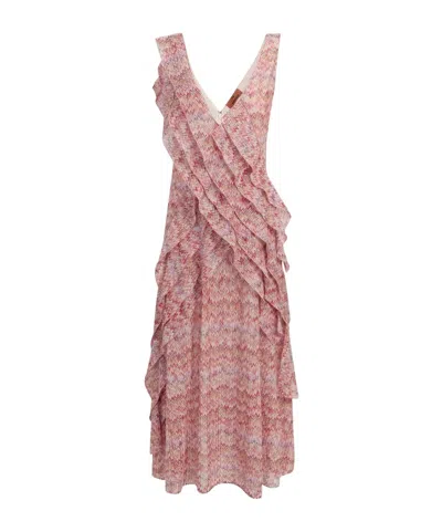 Missoni Ruffled Metallic Crochet-knit Midi Dress In Fuchsiafarben