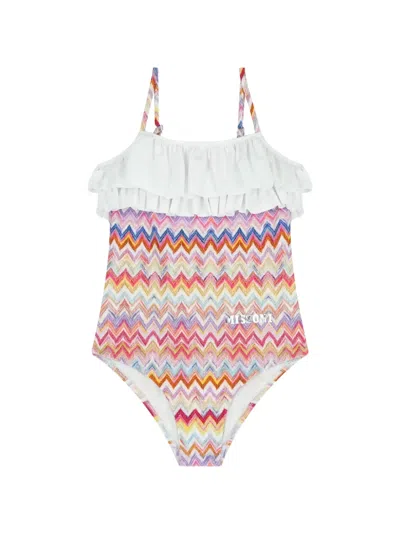Missoni Kids' Ruffled Zigzag-patterned Swimsuit In Pink