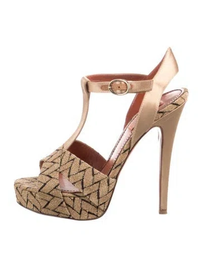 Pre-owned Missoni Satin Printed T-strap Sandals In Brown