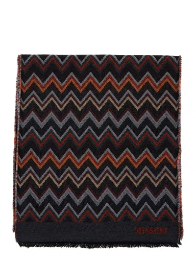 MISSONI MULTICOLOR SCARF WITH ZIGZAG MOTIF AND FRINGED HEM IN WOOL MAN