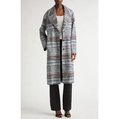 Missoni Sequin Long Jacquard Coat In Chevron Rose Blue Black