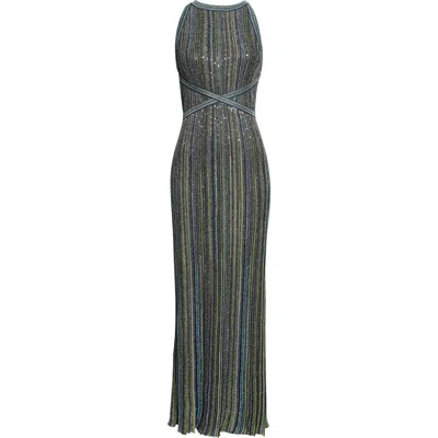 Missoni Dark Green Multicolor Long Dress With Rhinestones And Adjustable Belt