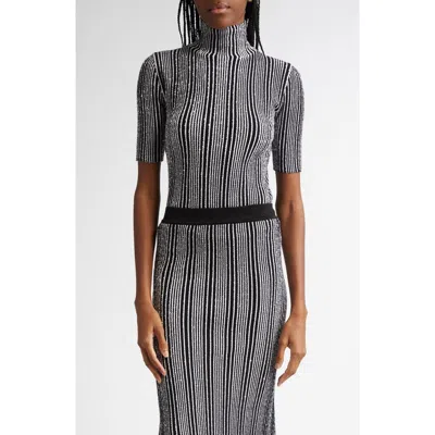 Missoni Sequin Stripe Turtleneck Short Sleeve Sweater In White And Black