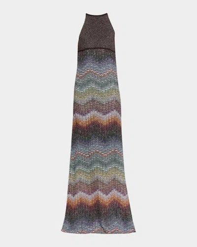 Missoni Sequin Wefted Loom Knit Halterneck Gown In Multicolor