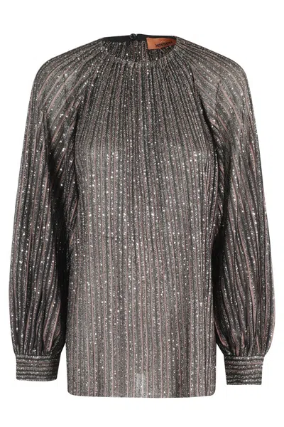 MISSONI SEQUINED BROWN SWEATER WITH VOLUMINOUS SLEEVES
