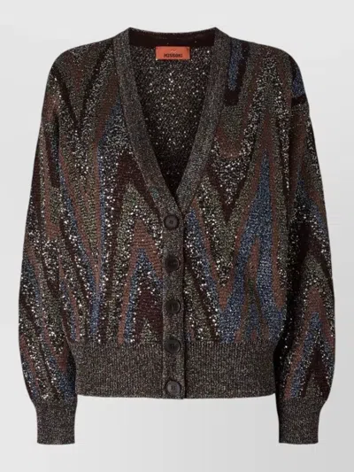 Missoni Sequined Zigzag Knit V-neck Long-sleeve Cardigan In Brown