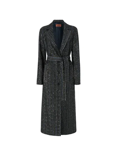 Missoni Sequin-embellished Belted Coat In Blue
