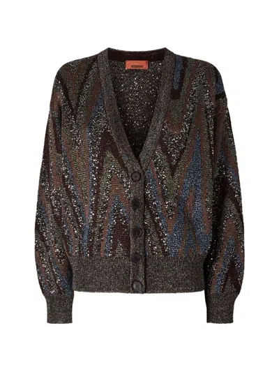 Missoni Sequin-embellished Zigzag-knit Cardigan In Brown