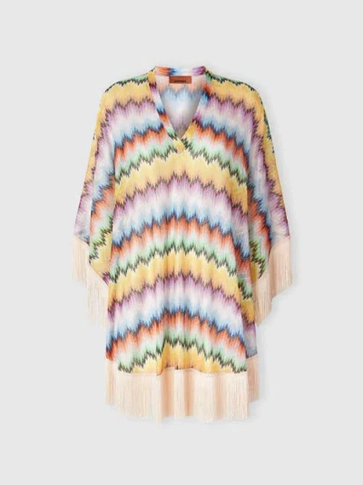 MISSONI MISSONI SHORT CAFTAN WITH FRINGES AND GRADIENT STRIPE PRINT