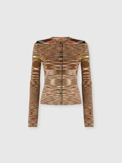Missoni Short Crew Neck Cardigan In Smooth Flame Knit In Brown