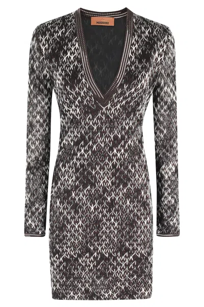 Missoni V-neck Patterned Midi Dress In Gray