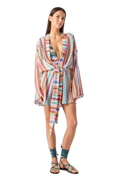Missoni Short Kimono Cover-up In Lamé Viscose With Pixel-effect Zigzag Pattern In Multi