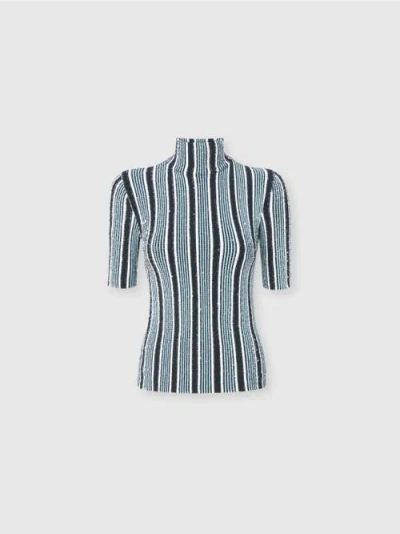 Missoni Short-sleeved Striped Turtleneck With Sequins In Black & Light Blue