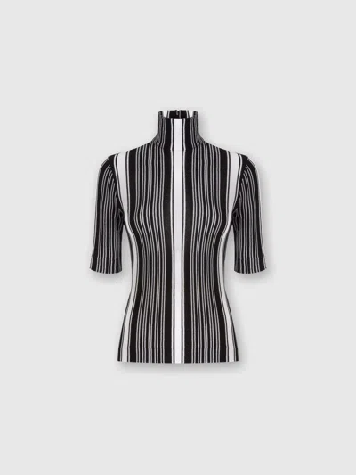 Missoni Short-sleeved Turtleneck In Striped Cotton And Viscose In Black,white