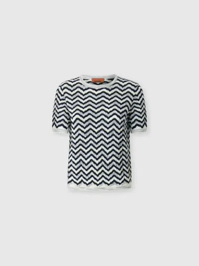 Missoni Short-sleeve Wool And Viscose Top With Wave Motif In Blue