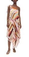 Missoni One-shoulder Cover-up Dress In Printed Silk With Scarf Bottom In Mosaic Patch