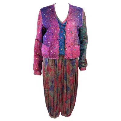 Pre-owned Missoni Silk Rainbow Print Ensemble With Harem Pants Quilted Sweater Size 6 8 In Gray