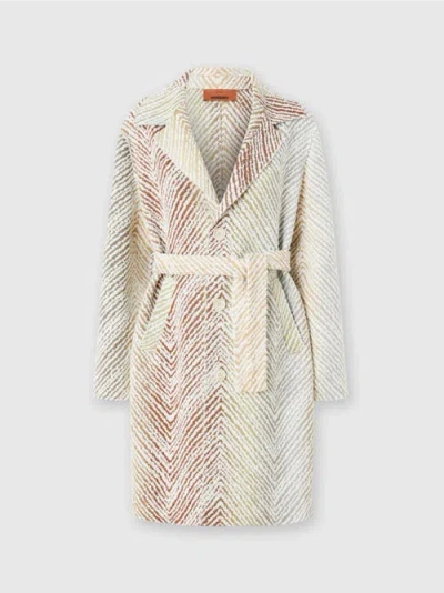 Missoni Single-breasted Coat In Fabric With 3d Zig Zag Pattern In White & Multicoloured
