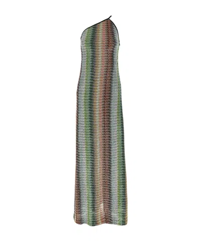 Missoni One Shoulder Maxi Length Striped Ribbed Dress In Multicolour