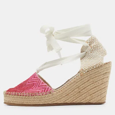 Pre-owned Missoni Size 36 Pink/cream Fabric Ankle Wrap Wedge Espadrille Sandals