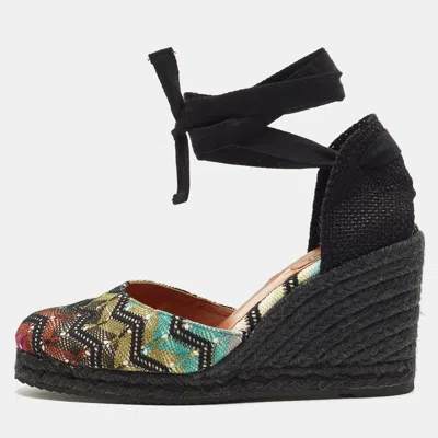 Pre-owned Missoni Size 37 Multicolor Fabric Wedge Ankle Wrap Espadrille Sandals