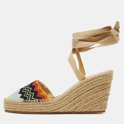 Pre-owned Missoni Size 38 Multicolor Zig Zag Canvas Espadrille Ankle Wrap Wedge Sandals