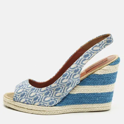 Pre-owned Missoni Size 39 Blue/white Brocade Fabric Wedge Slingback Sandals