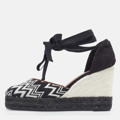 Pre-owned Missoni Size 40 Black/white Fabric Wedge Ankle Wrap Espadrille Sandals
