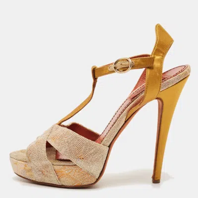 Pre-owned Missoni Size 40 Yellow/gold Knit Fabric And Leather Ankle Strap Sandals