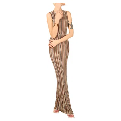 Pre-owned Missoni Sleeveless Brown White Black Gold Stripe Knit Body Con Maxi Dress