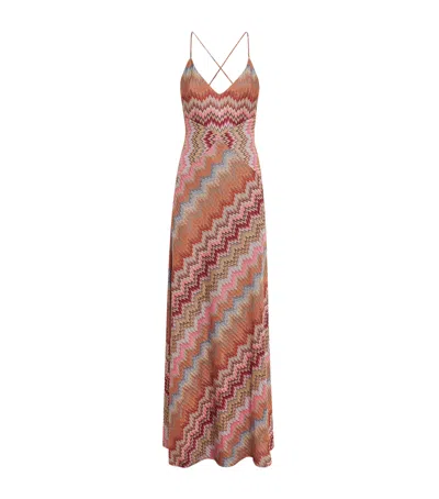 Missoni Multicolor Long Dress With Crossed Shoulder Straps And All-over Zigzag Motif In Viscose Woman In Brown