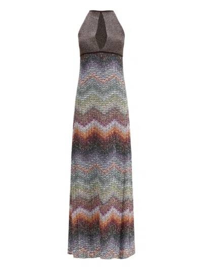 Missoni Long Halter-neck Dress In A Greek-style Zigzag Knit With Sequins Clothing In Multi