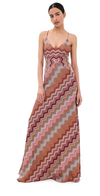 Missoni Multicolor Long Dress With Crossed Shoulder Straps And All-over Zigzag Motif In Viscose Woman In Brown