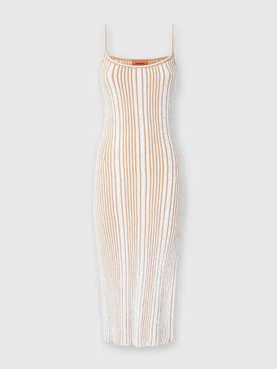 Missoni Sleeveless Ribbed Midi Dress With Sequins And Slit In White,beige