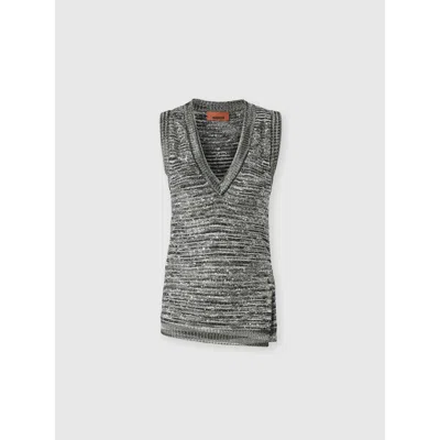 Missoni Sleeveless Top In Slub Knit With Sequins And V-neck In Green,black