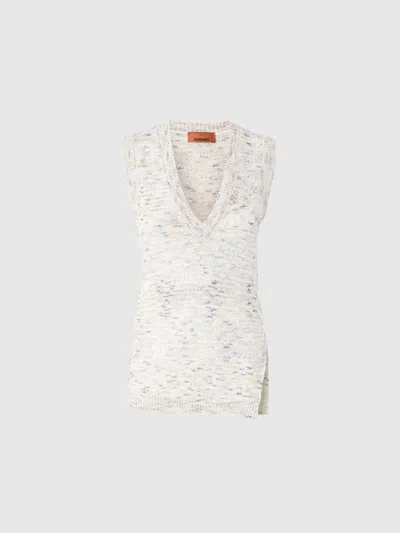 Missoni Sleeveless Top In Slub Knit With Sequins And V-neck In White,beige