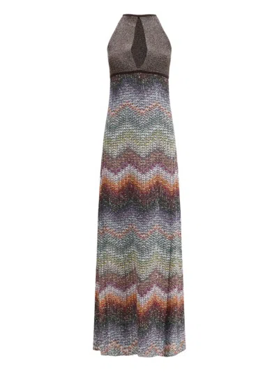 Missoni Long Halter-neck Dress In A Greek-style Zigzag Knit With Sequins Clothing In Multi