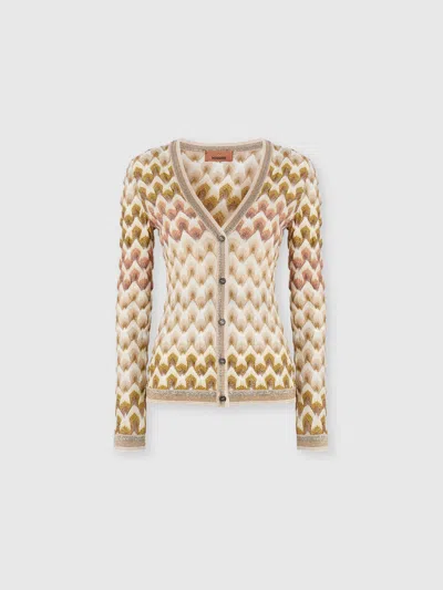 Missoni Slim-cardigan Aus Viskose-lamé Mit Spitzenmotiv In Gold& Beige