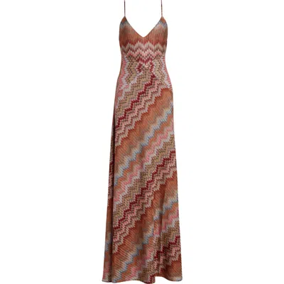 Missoni Multicolor Long Dress With Crossed Shoulder Straps And All-over Zigzag Motif In Viscose Woman In Brown