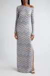 Missoni Sparkly Sequin Long Sleeve Chevron Knit Gown In Light Blue Grey White Base