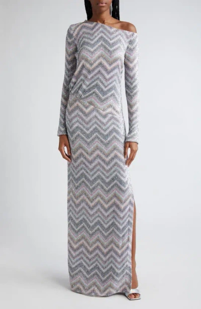 Missoni Sparkly Sequin Long Sleeve Chevron Knit Gown In Light Blue Grey White Base
