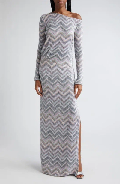 Missoni Sparkly Sequin Long Sleeve Chevron Knit Gown In Multicoloured