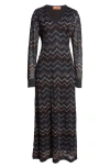 Missoni Sparkly Sequin Long Sleeve Shimmer Chevron Knit Maxi Dress In Multicolor Dark Blue Tones