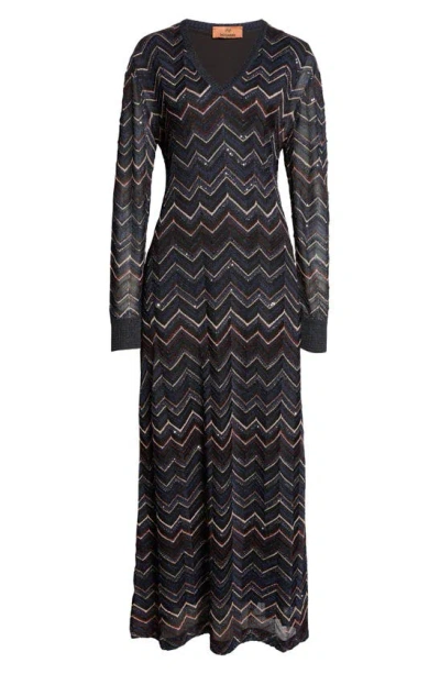 Missoni Sparkly Sequin Long Sleeve Shimmer Chevron Knit Maxi Dress In Multicolor Dark Blue Tones