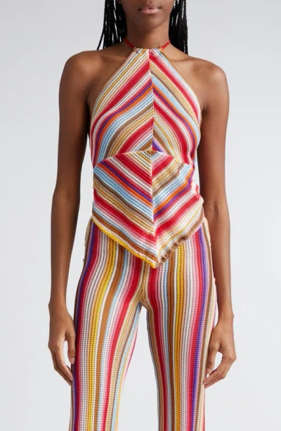 Missoni Spiral Halter Neck Knit One-piece Swimsuit In Multicolor Red Stripes