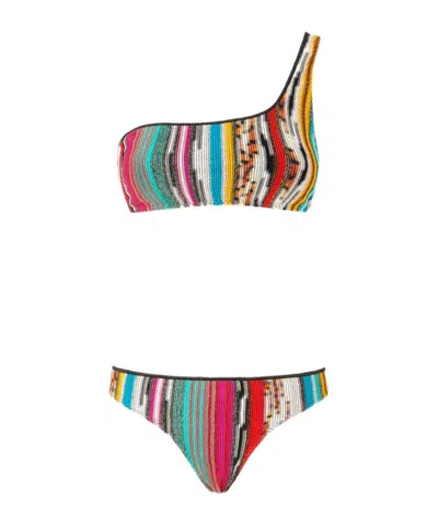 MISSONI MISSONI ONE-SHOULDER STRIPED BIKINI