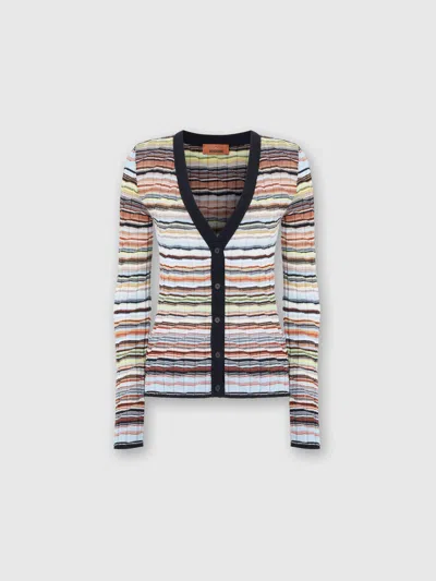 Missoni Gestreifte Rippstrickjacke Aus Baumwolle Und Viskose Mit Kontrastierendem Besatz In Blue